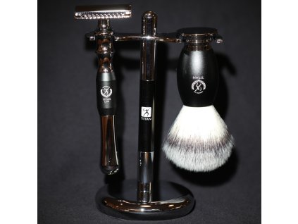 31557 darkova sada titan holici strojek na klasicke ziletky s cestovnim gumovym pouzdrem stojanek a stetka ve stylove krabicce