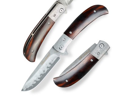 26559 16 lovecky zaviraci damaskovy nuz dellinger scorpion iron wood flipper