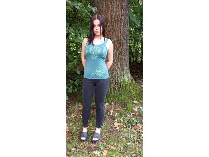 Tričko bez rukávů, tmavé zelené, motiv zelená a bílá mandala s motýly