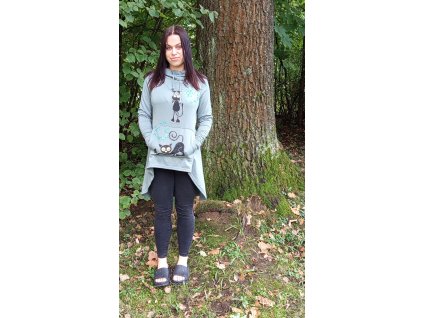 Mikina s kapucí šedo tyrkysová prodloužená s dlouhým rukávem s motivem kočičím