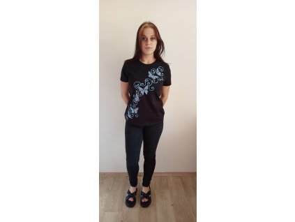 Tričko s krátkým rukávem barva černá, velikost M, motiv modrobílí motýlci