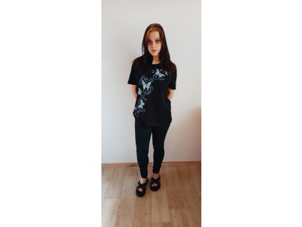 Tričko s krátkým rukávem barva černá, velikost XL, motiv modrobílí motýlci