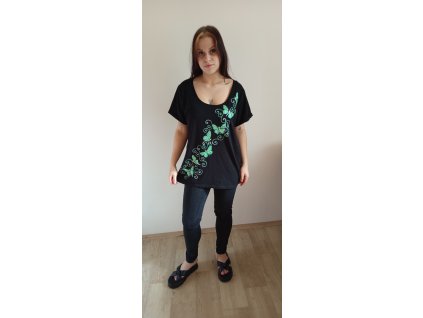 Tričko s krátkým rukávem barva černá, velikost XL, motiv zelenobílí motýlci