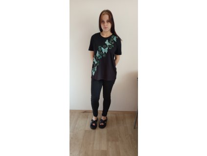 Tričko s krátkým rukávem barva černá, velikost XL, motiv zelenobílí motýlci