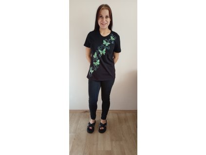 Tričko s krátkým rukávem barva černá, velikost L, motiv zelenobílí motýlci