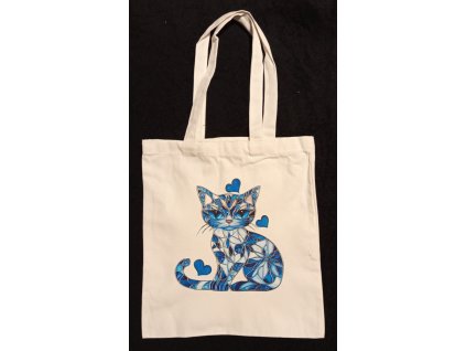 Plátěná taška s dlouhýma ušima 50 cm  bílá 32cm x 28cm motiv modrá kočka