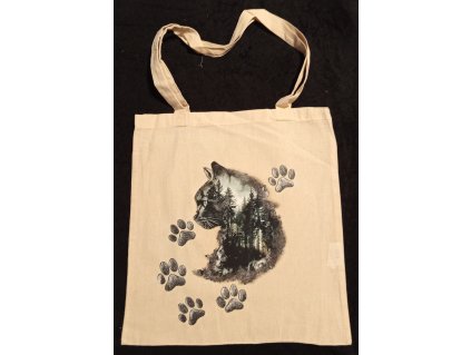 Plátěná taška s dlouhýma ušima 64 cm  přírodní 41cm x 39cm motiv kočka