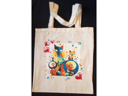 Plátěná taška s dlouhýma ušima 64 cm  přírodní 41cm x 39cm motiv kočky barevné