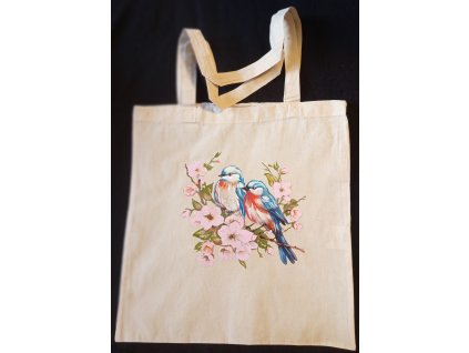 Plátěná taška s dlouhýma ušima 64 cm  přírodní 41cm x 39cm motiv ptáčci modří
