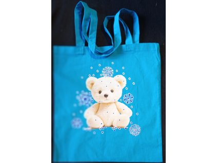 Plátěná taška s dlouhýma ušima 64 cm  modrá 41cm x 39cm motiv medvídek s vločkami