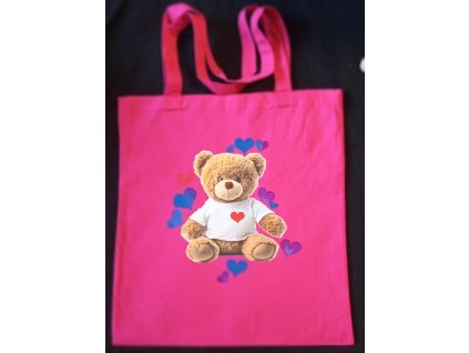 Plátěná taška s dlouhýma ušima 64 cm  růžová 41cm x 39cm motiv medvídek se srdíčky