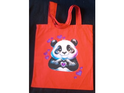 Plátěná taška s dlouhýma ušima 64 cm  červená 41cm x 39cm motiv medvídek panda se srdíčky