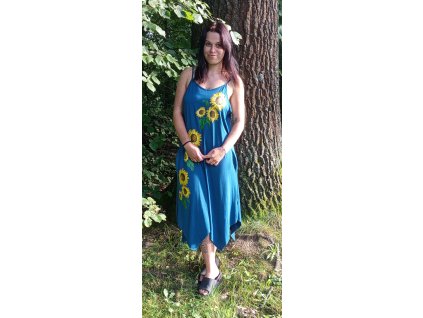 Tmavě tyrkysové letní šaty bez rukávů s dekorem slunečnic