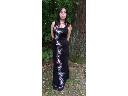 Dlouhé elegantní šaty bez rukávů, vhodné i do společnosti s dekorem ptáčků