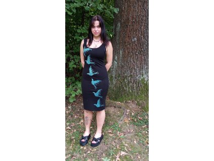 Černé šaty třičtvrteční s moderním motivem tyrkysové holubice