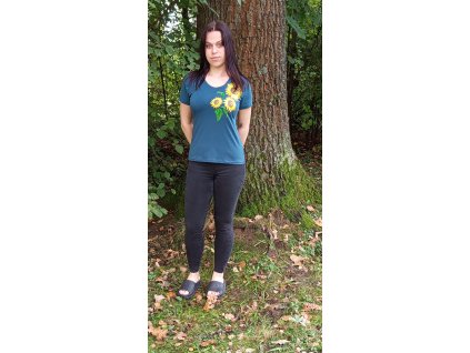 Tričko s krátkým rukávem tmavě tyrkysové s motivem slunečnic