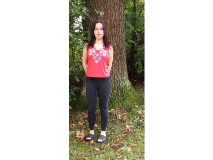 Tričko bez rukávu barva světle jahodová, motiv modro-bílo zelené ornamenty