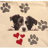 Plátěná taška s dlouhýma ušima 50 cm  přírodní 32cm x 28cm motiv Border kolie s tlapkami a srdíčky