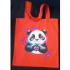 Plátěná taška s dlouhýma ušima 64 cm  červená 41cm x 39cm motiv medvídek panda se srdíčky