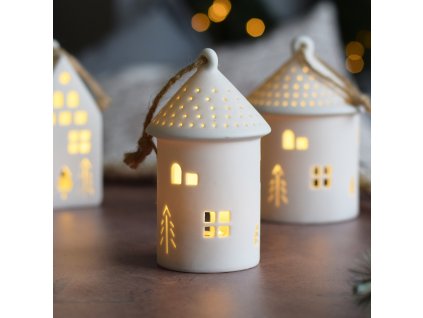 Porcelánový LED domeček k zavěšení - 8x13x8cm
