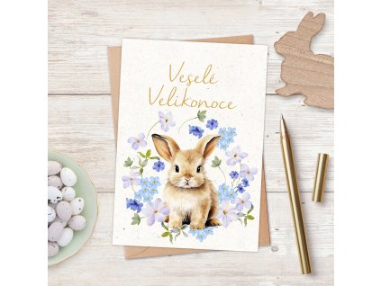 Velikonoční přání - Zajíček s jarními květy