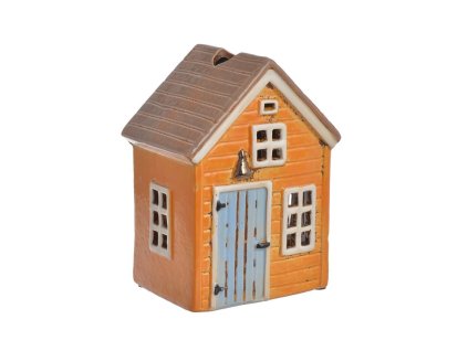 Keramický domek 16 cm - okrová/hnědá/modrá