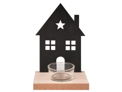 Svícen s černým kovovým domečkem na jednu svíčku 10 x 10 x 15 cm