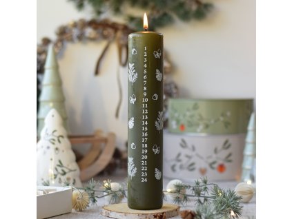 Adventní svíčka s kalendářem - vánoční motivy, 25 cm, zelená