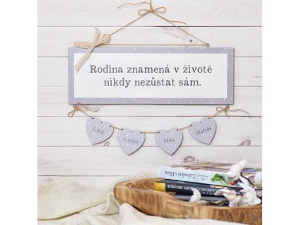 Cedulka - rodina se srdíčky - šedá 4 srdce ks