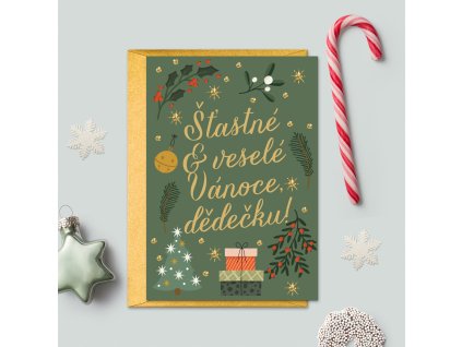 Vánoční přání se zlatou obálkou - Šťastné & veselé Vánoce, dědečku!