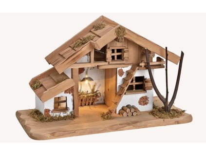 Betlém z borovicového dřeva s LED osvětlením - 39x23x19cm