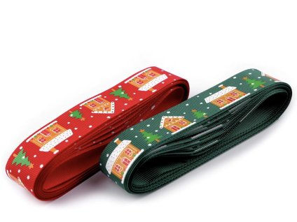 VÁNOČNÍ RYPSOVÁ STUHA DOMEČKY 3M, ŠÍŘKA 25MM - ZELENÁ