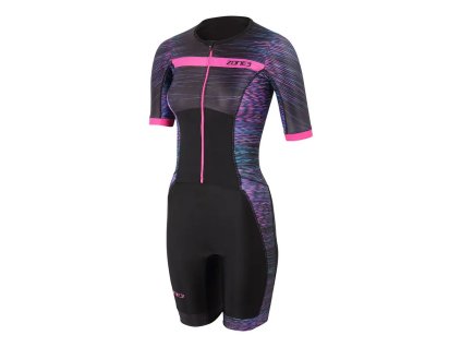 VÝPRODEJ SKLADOVÝCH ZÁSOB Dámská kombinéza Zone3 WOMENS' ACTIVATE+ MOMENTUM SHORT SLEEVE FULL ZIP TRISUIT - Black/Teal/Purple/Pink (Velikost L, Varianta Zone3 WOMENS' ACTIVATE+ MOMENTUM SHORT SLEEVE FULL ZIP TRISUIT - Black/Teal/Purple/Pink - L)