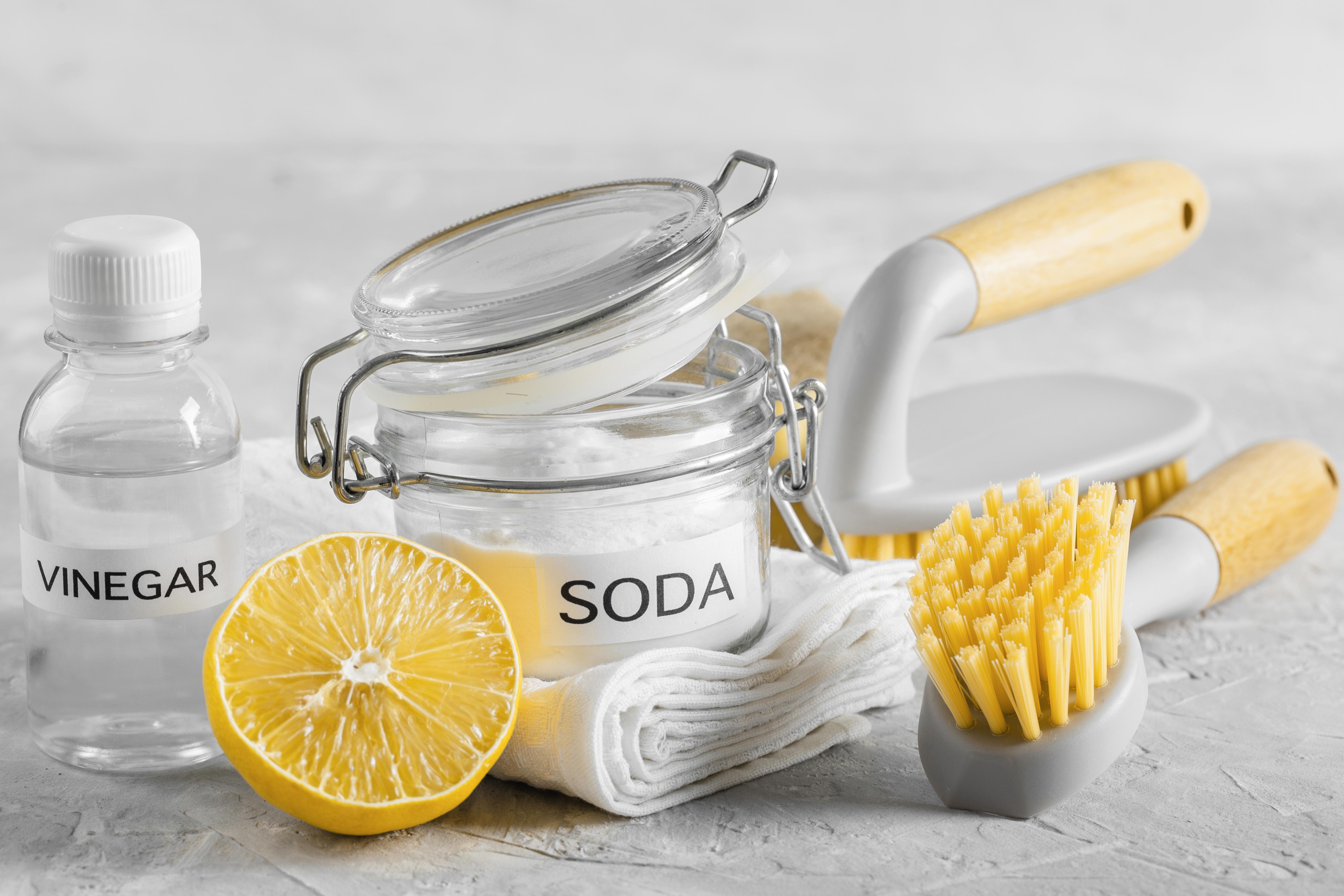 front-view-eco-friendly-cleaning-brushes-with-lemon-baking-soda