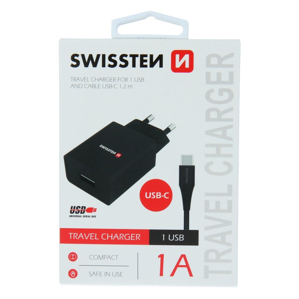 Swissten síťový adaptér smart IC 1X USB 1A power + datový kabel USB / Type C 1,2 M, černý