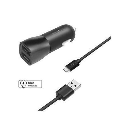 Fixed Set autonabíječky s 2xUSB výstupem a USB/micro USB kabelu, 1 metr, 15W Smart Rapid Charge, černá