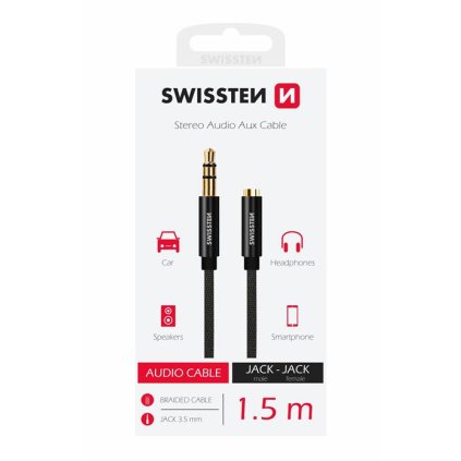 Swissten audio kabel textile 3,5 mm jack(samec) - 3,5 mm jack (samice) 1,5 M černý