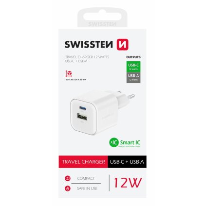 Swissten síťový adaptér 12W 1x USB-C + 1x USB-A bílý