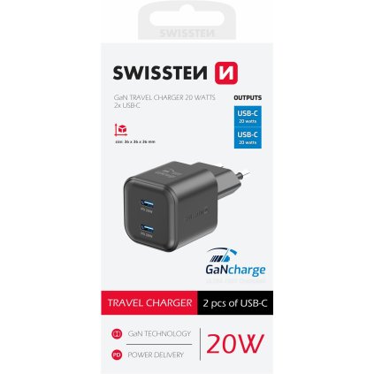 Swissten síťový adaptér GaN 2x USB-C 20W power delivery černý
