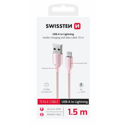 Swissten Datový kabel textile II USB Lightning 1,5 m růžový