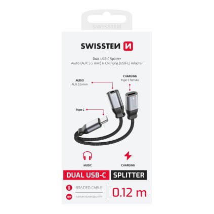 Swissten nabíjecí audio adaptér textile USB-C (samec) USB-C (samice) a 3,5mm aux 0,12m černý