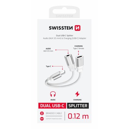 Swissten nabíjecí audio adaptér textile USB-C (samec) USB-C (samice) a 3,5mm aux 0,12m bílý