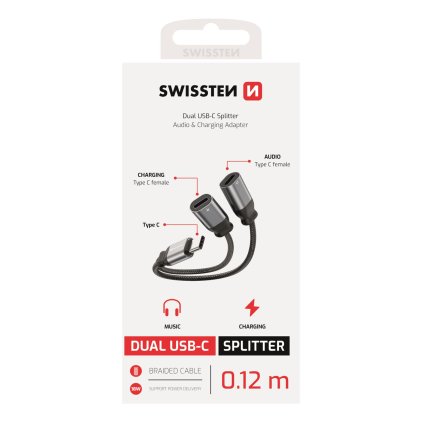Swissten nabíjecí audio adaptér textile USB-C (samec) 2x USB-C (samice) 0,12m černý