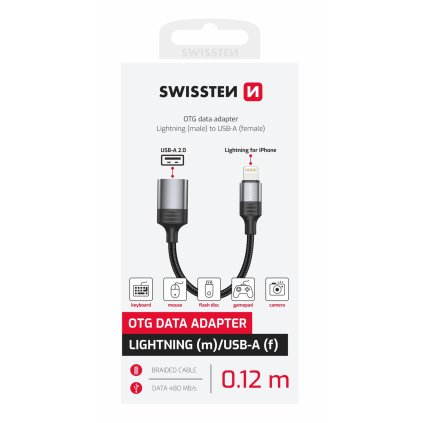 Swissten otg adaptér textile Lightning (samec) USB-A (samice) 0,12m černý