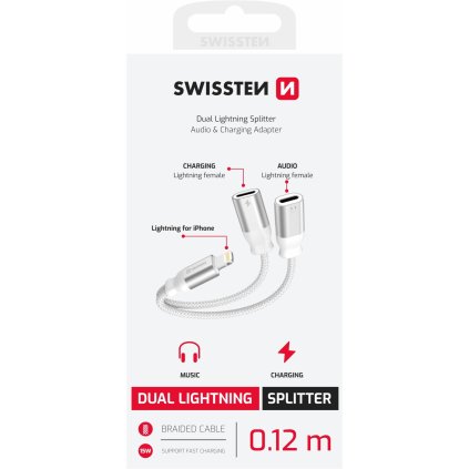 Swissten nabíjecí audio adaptér textile Lightning (samec) 2x Lightning (samice) 0,12m bílý
