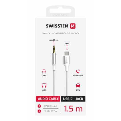 Swissten audio adaptér textile USB-C (samec) 3,5 mm jack (samec) 1,5m bílý