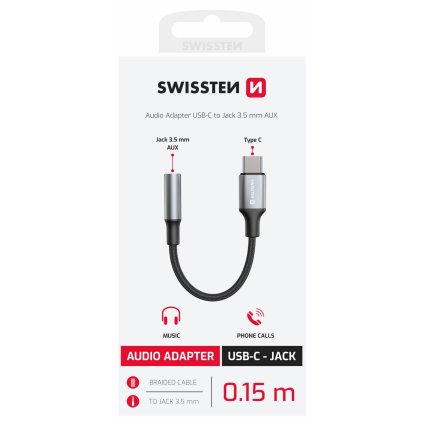 Swissten audio adaptér textile USB-C (samec) 3,5mm aux 0,15m černý 