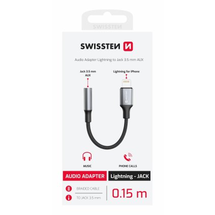 Swissten audio adaptér textile Lightning (samec) 3,5mm aux 0,15m černý