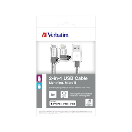 Verbatim USB kabel (2.0), USB A samec - microUSB samec + Apple Lightning samec, 1m, stříbrný, box, 48869, 2 in 1 - nasta