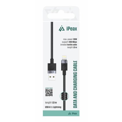 iPEAX textilní kabel USB-A / Lightning 1M, USB 2.0 černý